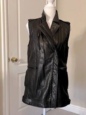 Black leather long motorcycle vest